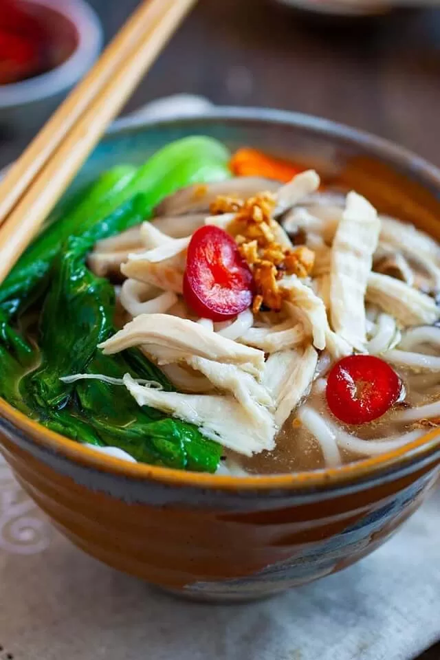 Chinese chicken noodle soup is a simple and nourishing recipe that uses chicken broth, noodles, kale, and other leafy greens.
