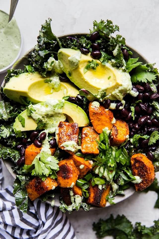 Roasted sweet potatoes, fresh kale, a  squeeze of lime, a hint of jalapeño, and creamy avocado all come together to create a delicious and healthy meal.