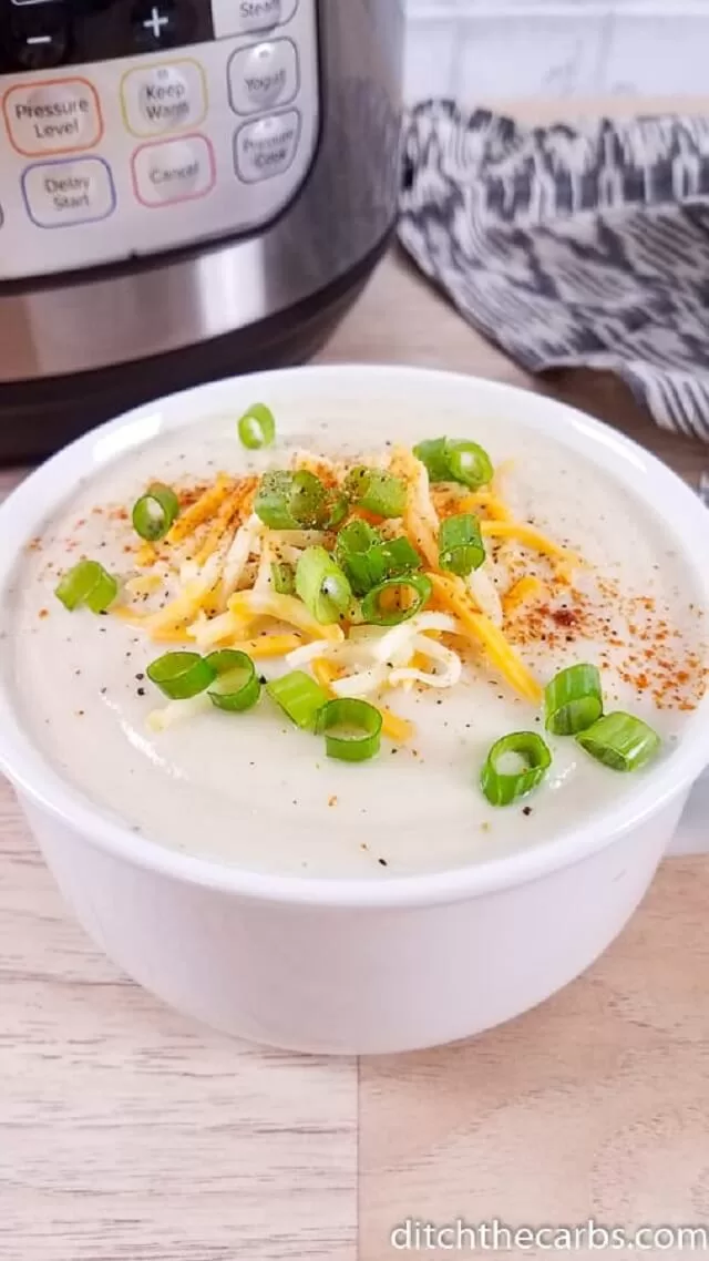 This soup is the ultimate comfort food, tasting just like baked potato soup but with fewer carbs!