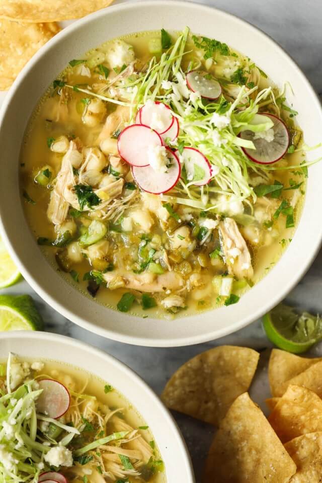 Transport yourself to Mexico's streets with a warm bowl of chicken pozole.