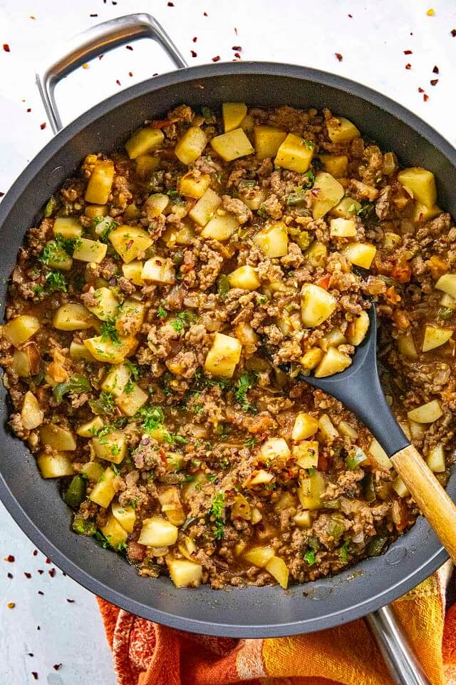 This recipes is packed with ground beef, potatoes, and a flavorful blend of seasonings.