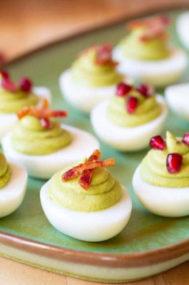 Avocado Deviled Eggs with Bacon and Pomegranate