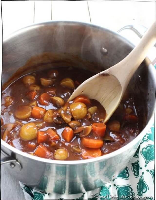 Mushrooms, potatoes, and root veggies soak up a rich, herb-infused broth.