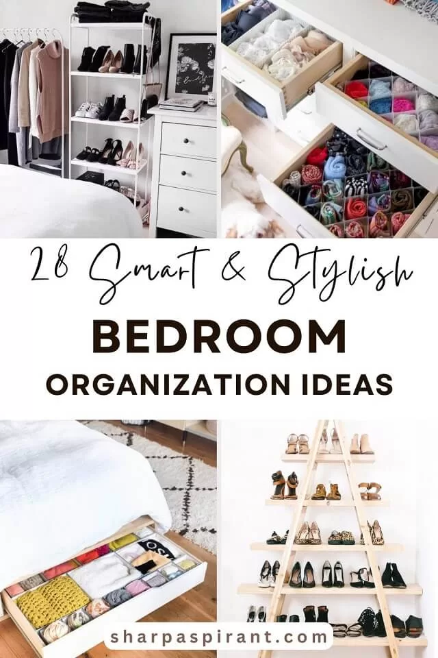 If you're looking for SMALL BEDROOM organization ideas, you're going to love these 28 smart and stylish bedroom organizer hacks. From under-the-bed storage to pegboard to fabulous ladder shelf and more, you'll find some great organization ideas here that are perfect for you! #smallbedroomideas #smallbedroomstorageideas #spacesaving #bedroomideasforsmallrooms