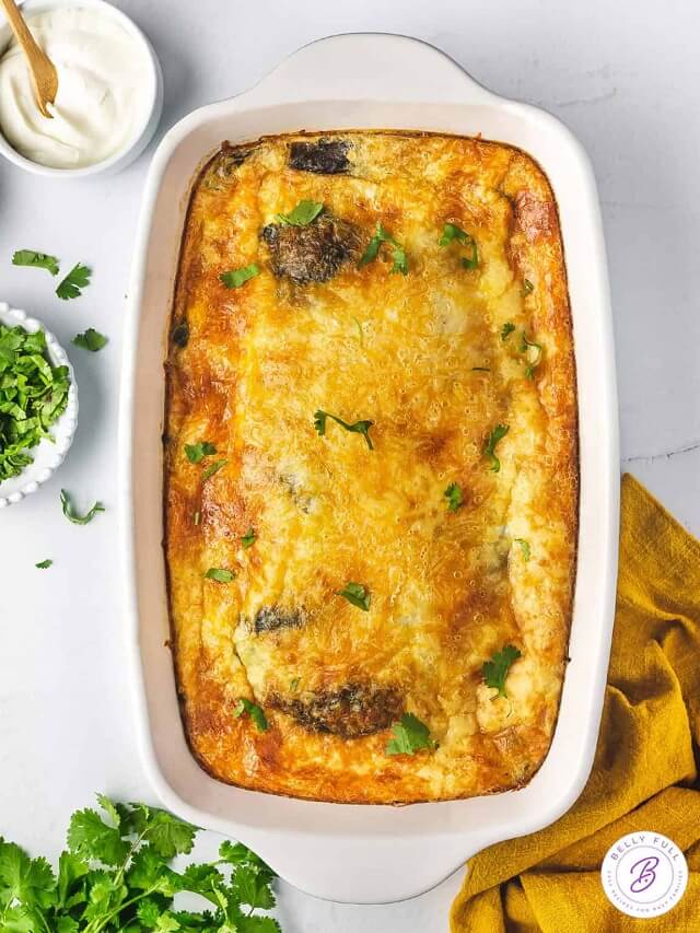 Roasted poblano peppers meet fluffy eggs and a blanket of melty cheese.