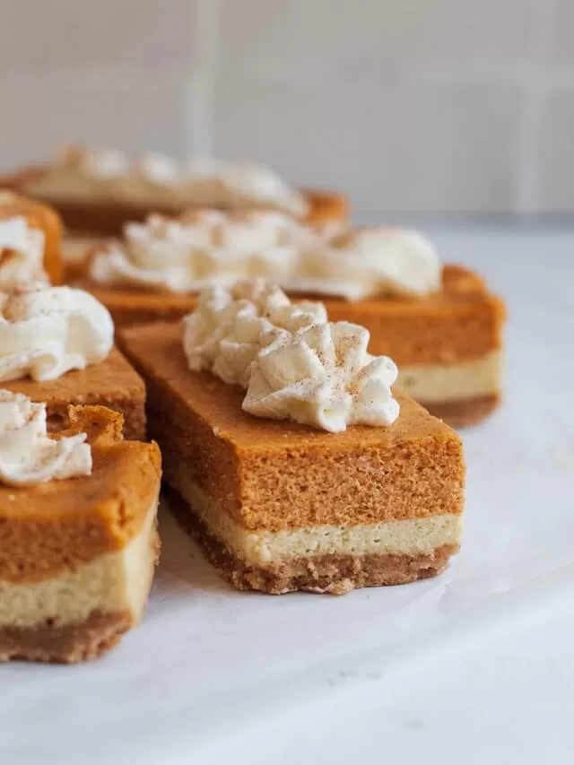 These pumpkin cheesecake bars combine creamy spiced pumpkin with rich cheesecake flavor.