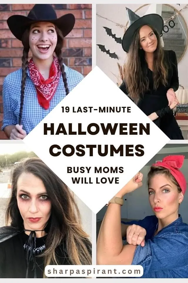 Find 19 last-minute Halloween costumes for busy moms that are fun, easy, and affordable. Quick DIY outfit ideas using clothes you already own.