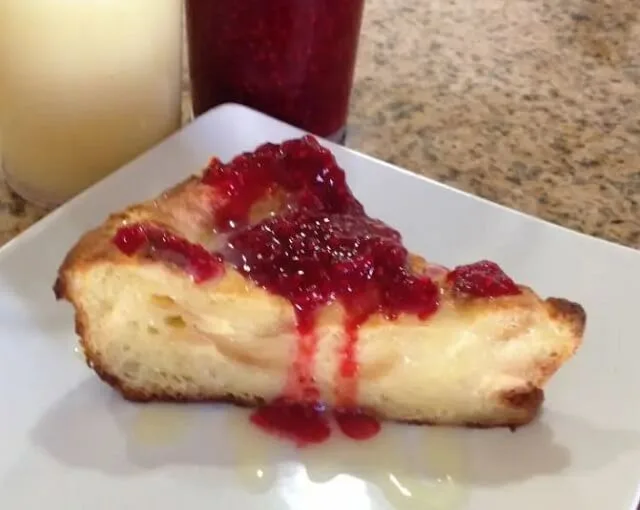 White Chocolate Bread Pudding with Raspberry Sauce