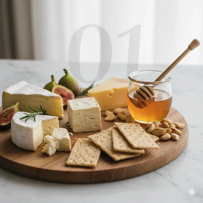 An assembly of savory, no-cook appetizers like cheese, crackers, fruits, nuts, and honey on a round wooden serving board.