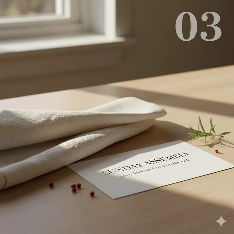 A warm shot of a light brown soft linen napkin and a white place card on a dining table for a Sunday Assembly invitation.