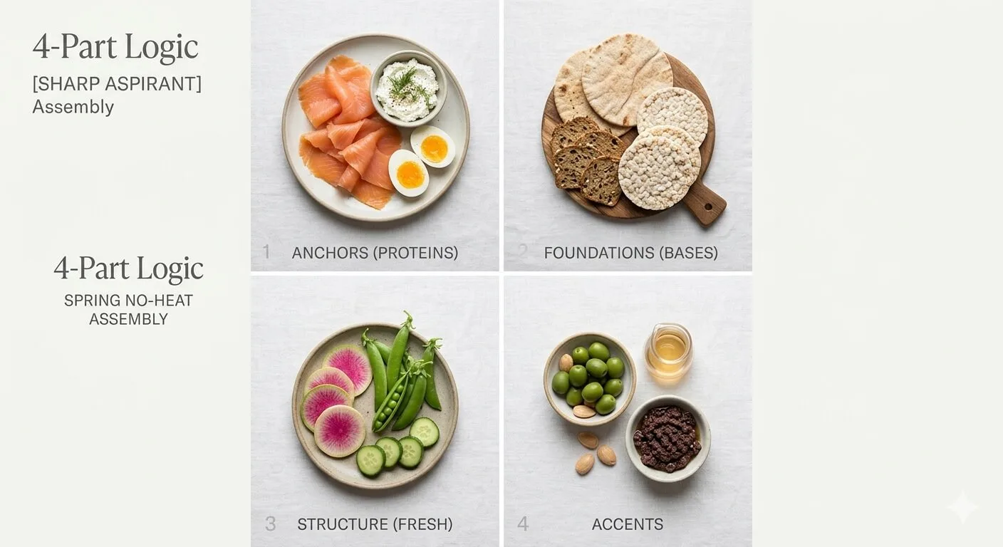 A clean four-panel grid illustrating the Sharp Aspirant hosting methodology: Anchors, Foundations, Structure, and Accents with minimalist food styling for Spring hosting ideas.
