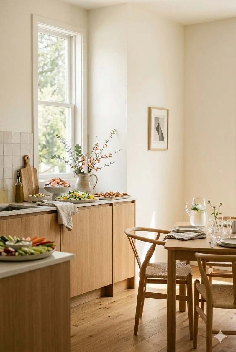 Minimalist kitchen interior with natural spring light for no-heat hosting