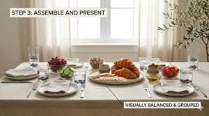 The finalized "no-heat" spring brunch table for four. Features visually balanced groups of fresh produce, proteins, and accents in glass bowls and stoneware, creating a sophisticated, clutter-free layout using the 4-part assembly logic.