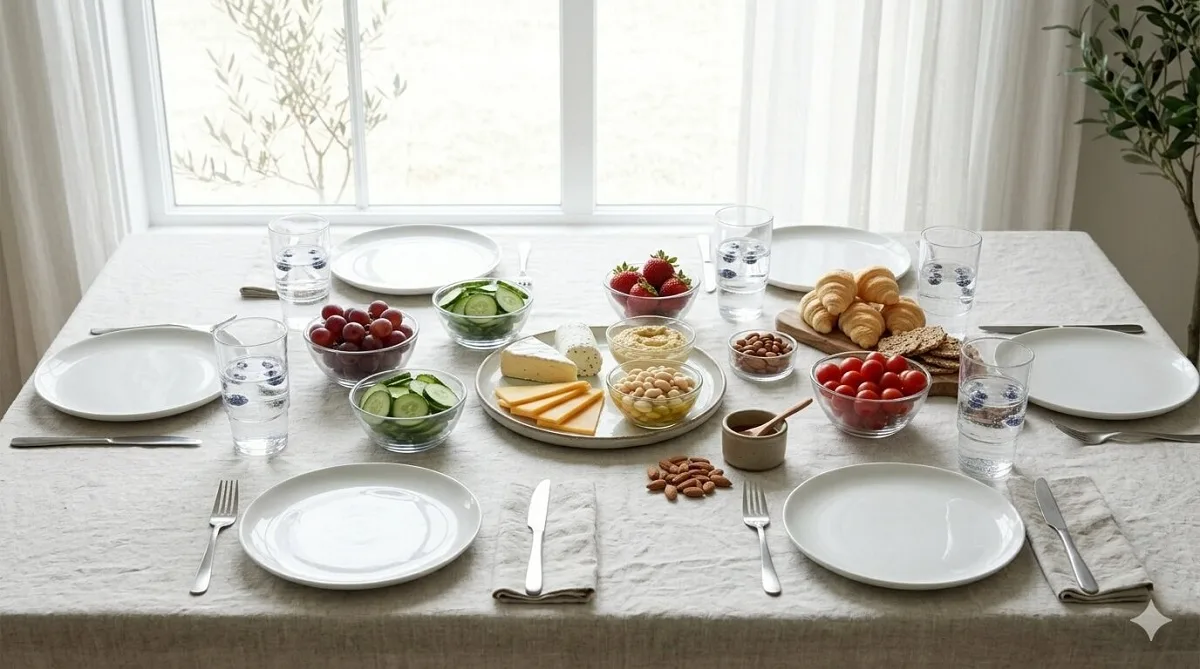 Larger set up for six to eight people with a balanced table layout