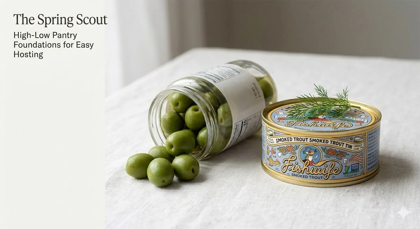 A high-low pantry comparison showing an open jar of green Castelvetrano olives next to a premium tin of smoked trout on a white linen surface. Spring hosting ideas