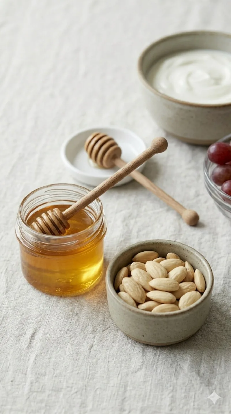 Close-up of honey and nuts as accents in a no-heat brunch setup