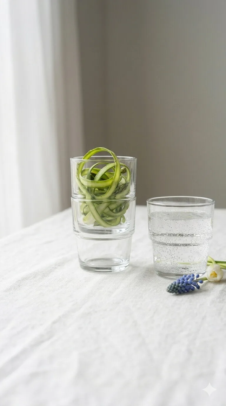A vertical portrait of stacked Bormioli Rocco Bodega glasses in natural window light, one holding shaved asparagus ribbons as a structural element.