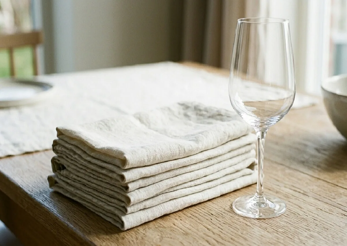A neat stack of folded off-white linen napkins sits next to a single, gleaming minimalist crystal glass on a light oak table, illuminated by soft morning light. minimalist glassware for spring table settings