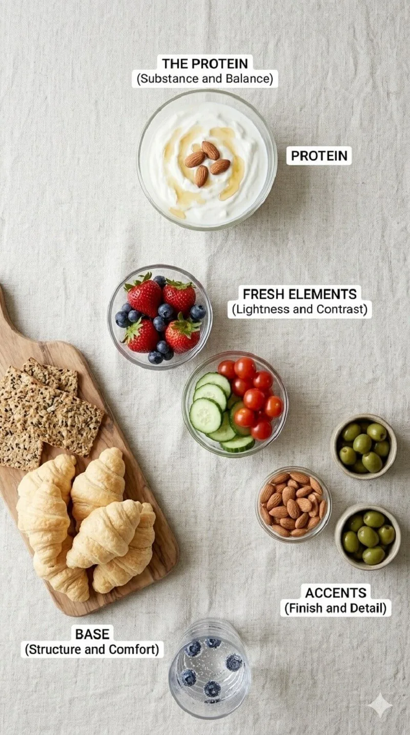 4 components of an Easter table arranged into base, protein, fresh elements, and accents