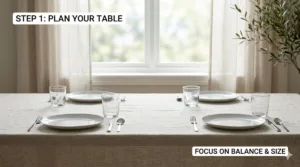 A minimalist landscape of an empty table for four, styled with white plates and clear Bodega glasses on light linen. Highlighting abundant negative space and a clean, uncrowded layout under natural window light.