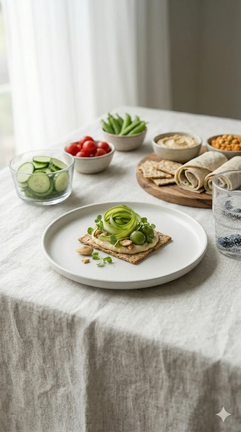 A vertical portrait of a plant-based open-faced sandwich with hummus, shaved asparagus, and olives on pumpernickel bread, demonstrating assembly logic.