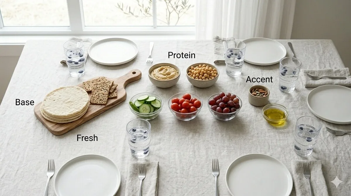 Plant-based no-heat brunch setup with hummus, vegetables, and flatbreads