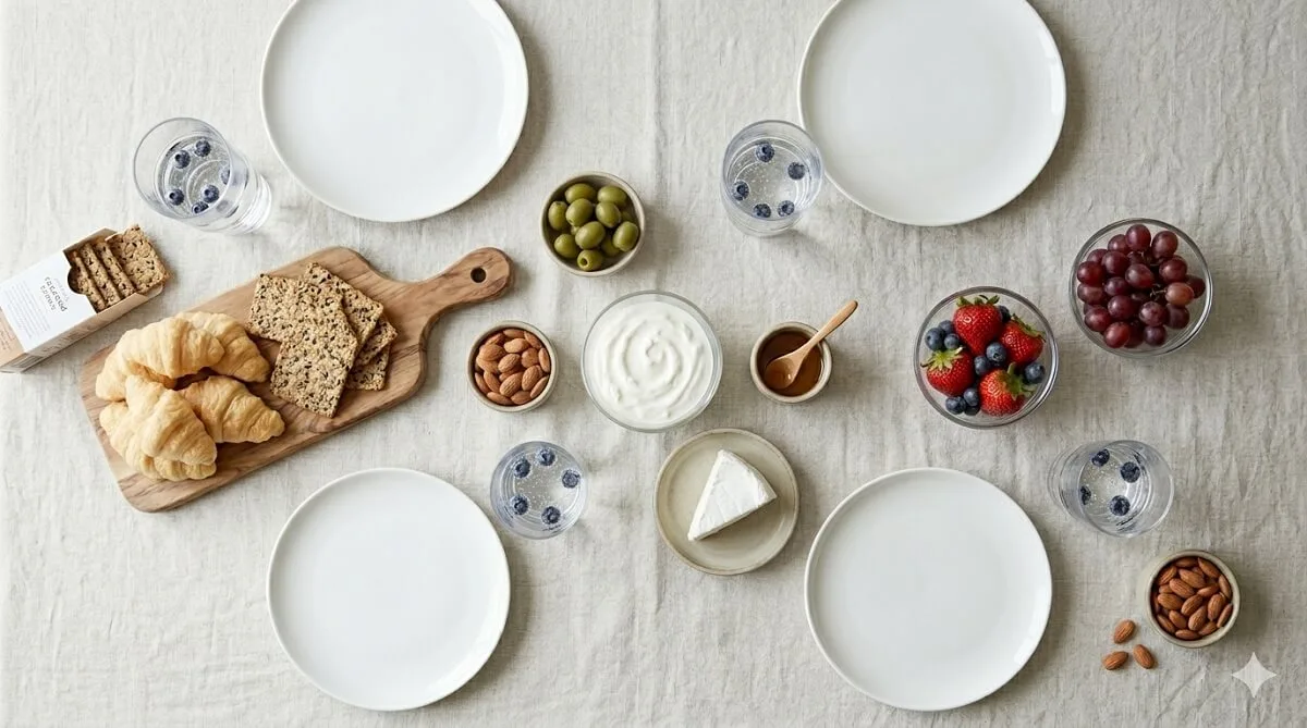 Simple Easter no-heat brunch setup for four people with croissants, yogurt, and fruit