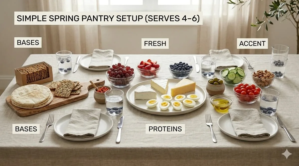 A labeled landscape  image of a "Simple Spring Pantry Setup" for 6, demonstrating the 4-part no-heat assembly on a light linen tablecloth. Detailed labels identify grouped clusters of flatbreads, curated cheeses, seasonal produce, and toasted nuts alongside signature minimalist glassware.