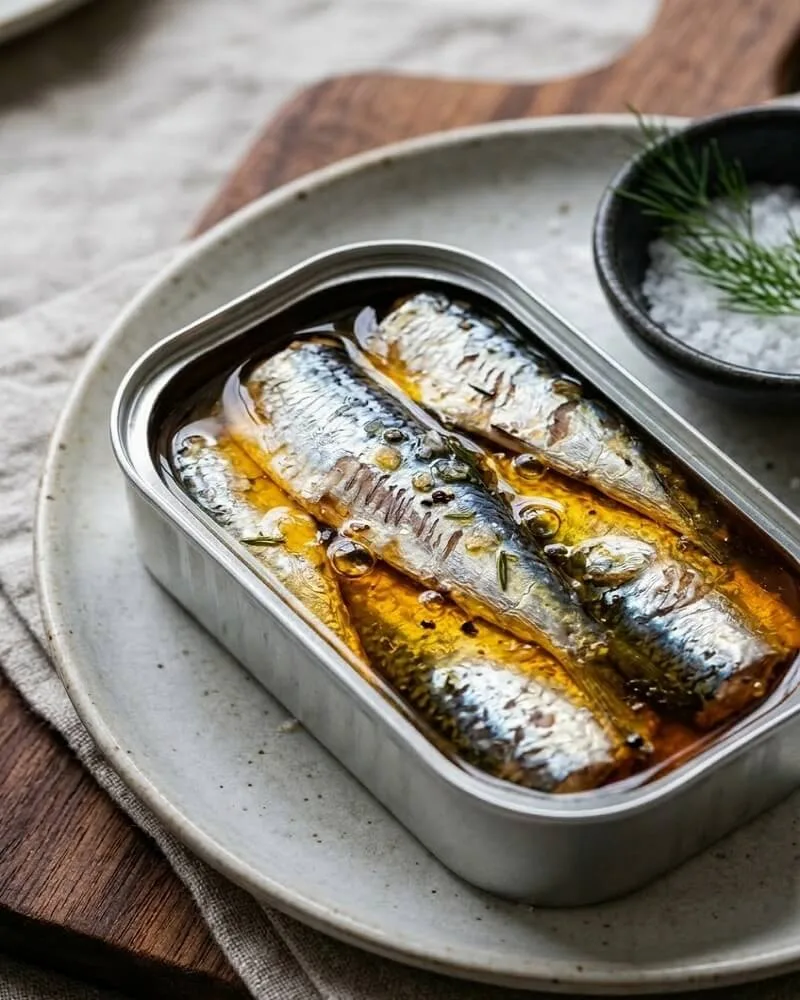 A close-up of tinned fish with a focus on the silver skin and quality oil for essential spring pantry foundations for hosting.