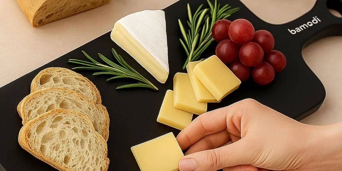 the board assembly 4 Solid black wood gallery board styled with cheese slices, grapes, toast for no-heat entertaining.