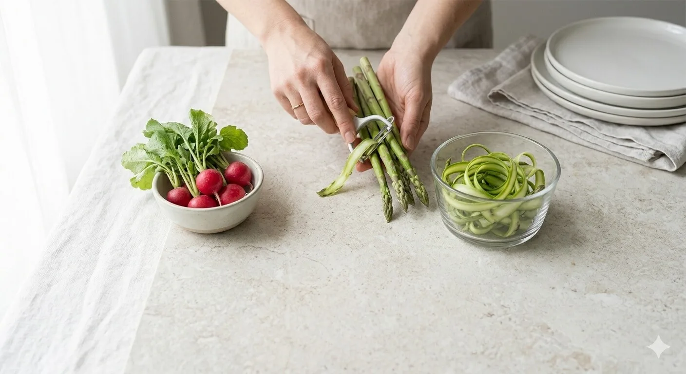 A close-up action shot of hands using a vegetable peeler to create elegant asparagus ribbons on a light stone countertop for a no-heat assembly.
