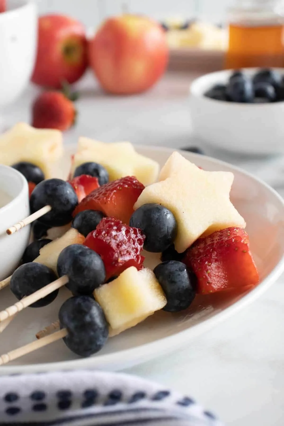 red white and blue fruit skewers for Memorial Day